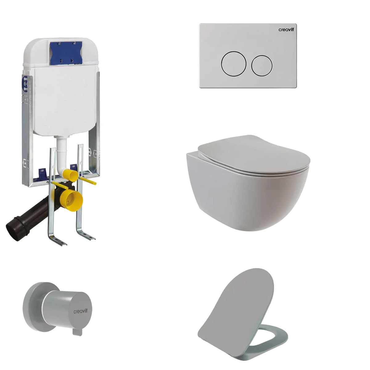 Creavit Gömme Rezervuar Creavit Free Rim-Off Kanalsız Asma Klozet Cool Grey Mat FE322-00CG00E-0000 Tam Takım Set - Banyovit
