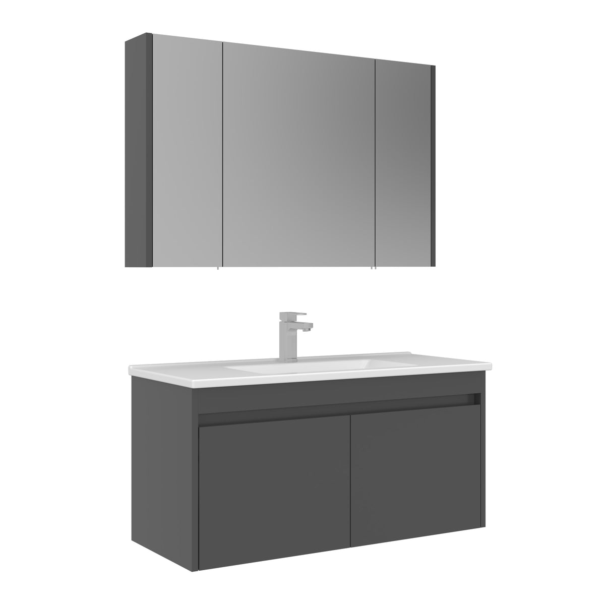 Orka Arno 100 cm Kapaklı Banyo Dolabı Takımı | Lavabo Armatür Hediyeli | Parlak Gri