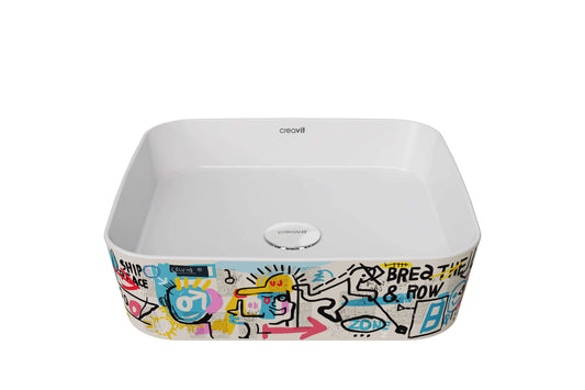 Creavit Loop Kare Çanak Lavabo Beyaz Grafiti Desen Uygulamalı 40 cm LP040-00CB00E-GB00 - Banyovit
