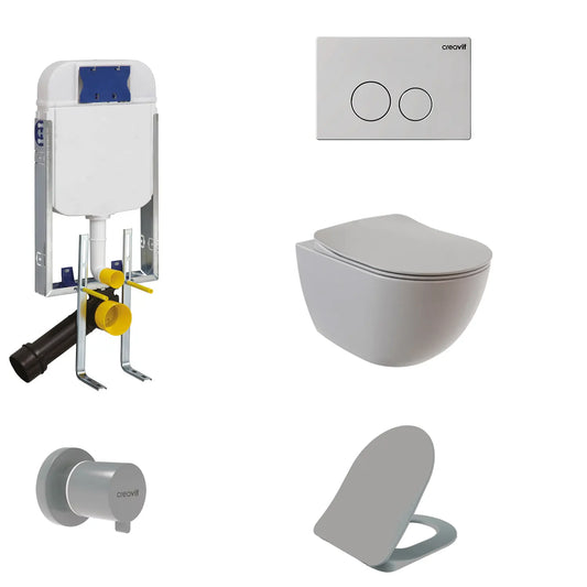 Creavit Gömme Rezervuar Creavit Free Rim-Off Kanalsız Asma Klozet Cool Grey Mat FE322-00CG00E-0000 Tam Takım Set - Banyovit
