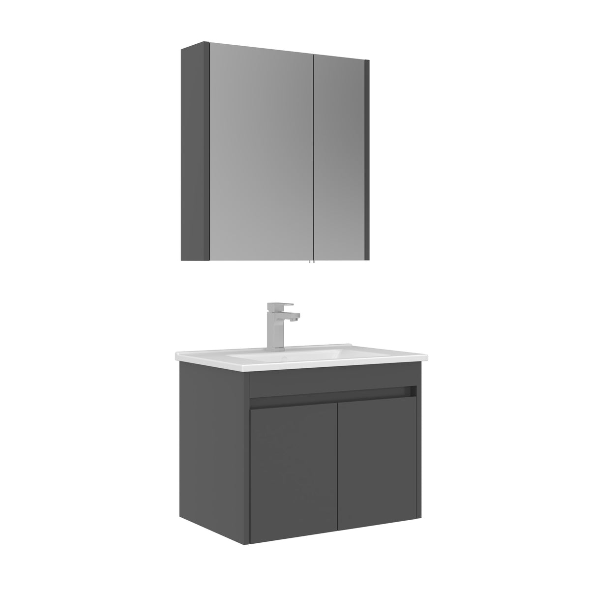 Orka Arno 65 cm Kapaklı Banyo Dolabı Takımı | Lavabo Armatür Hediyeli | Parlak Gri