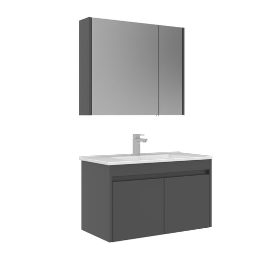 Orka Arno 85 cm Kapaklı Banyo Dolabı Takımı | Lavabo Armatür Hediyeli | Parlak Gri