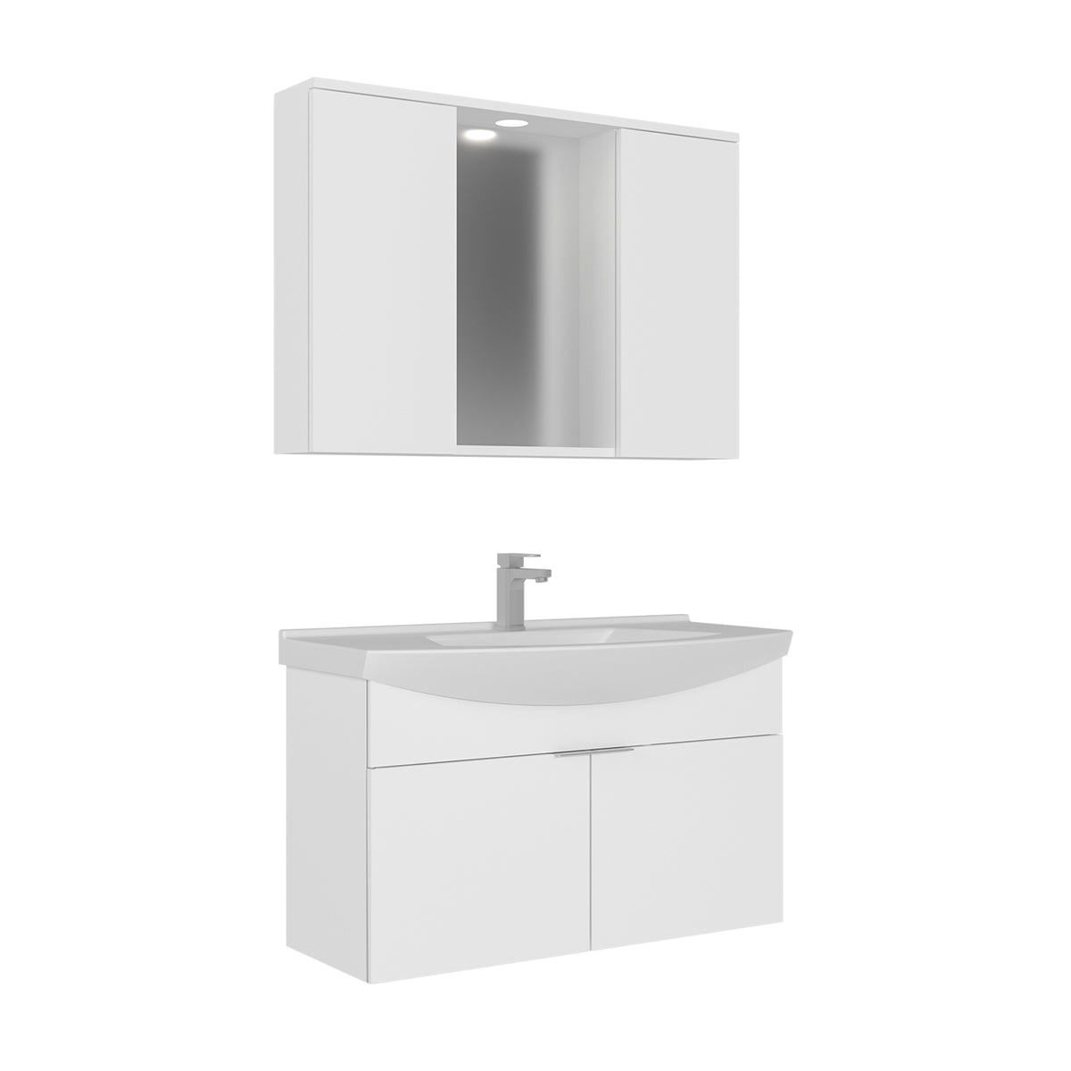 Orka Purus 100 cm Kapaklı Aynalı Dolaplı Banyo Dolabı Takımı | Spot Aynalı | Beyaz